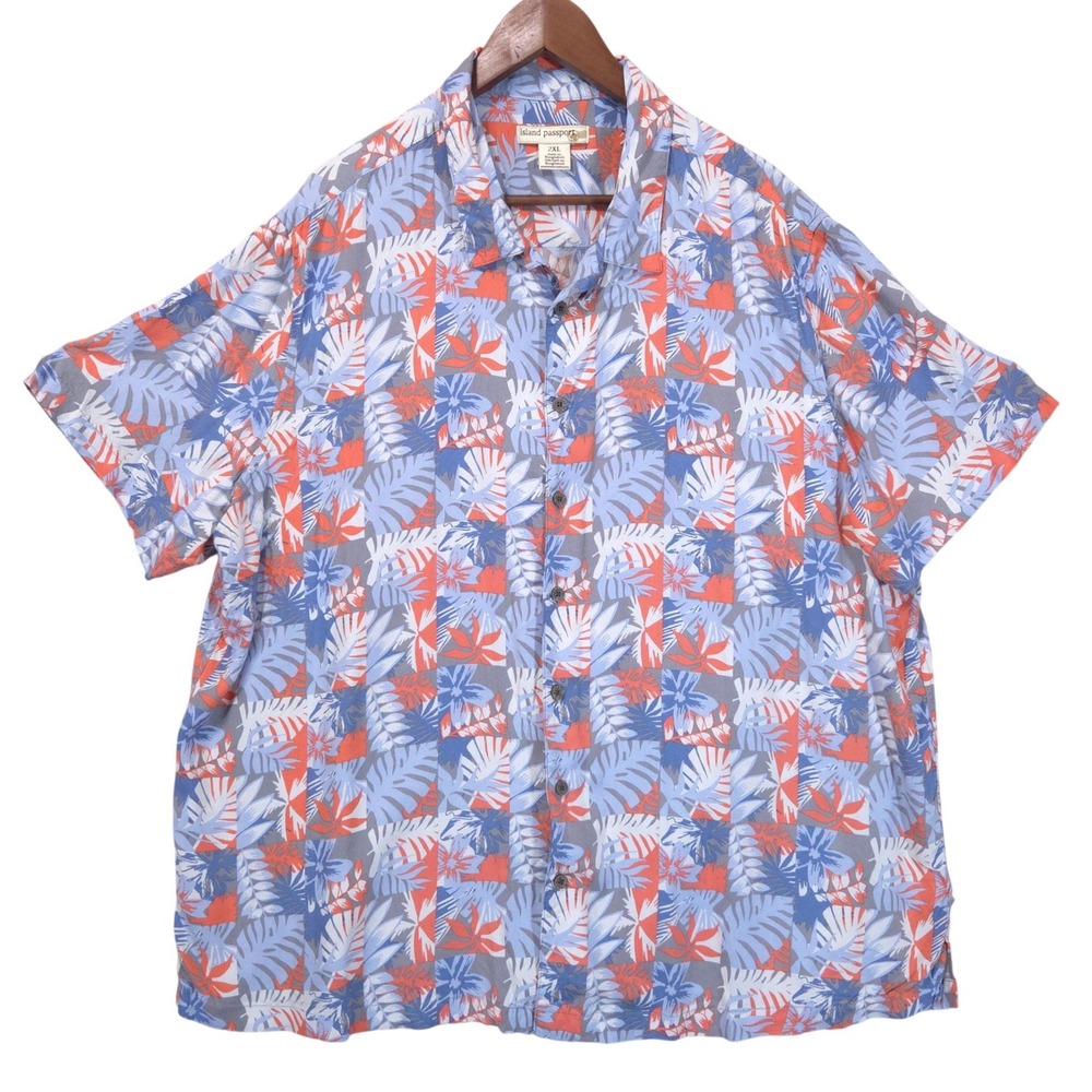 Island Passport Tropical Leaf Rayon Shirt Men 2XL Button Up Hawaiian Blue Orange